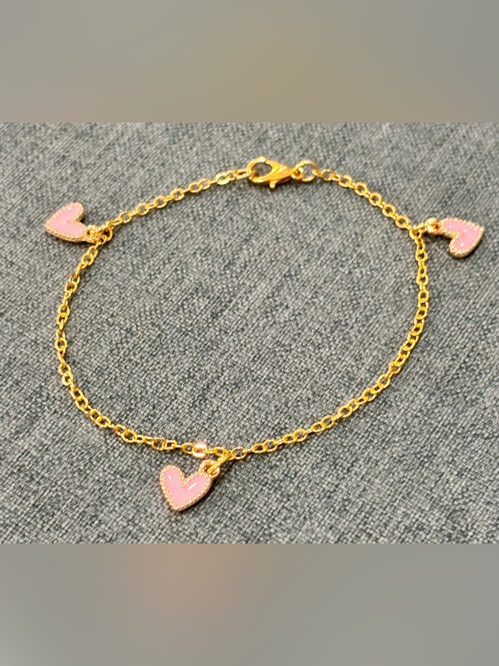 Handmade Gold-toned Chain Bracelet with Three Enameled Pink Heart Charms
